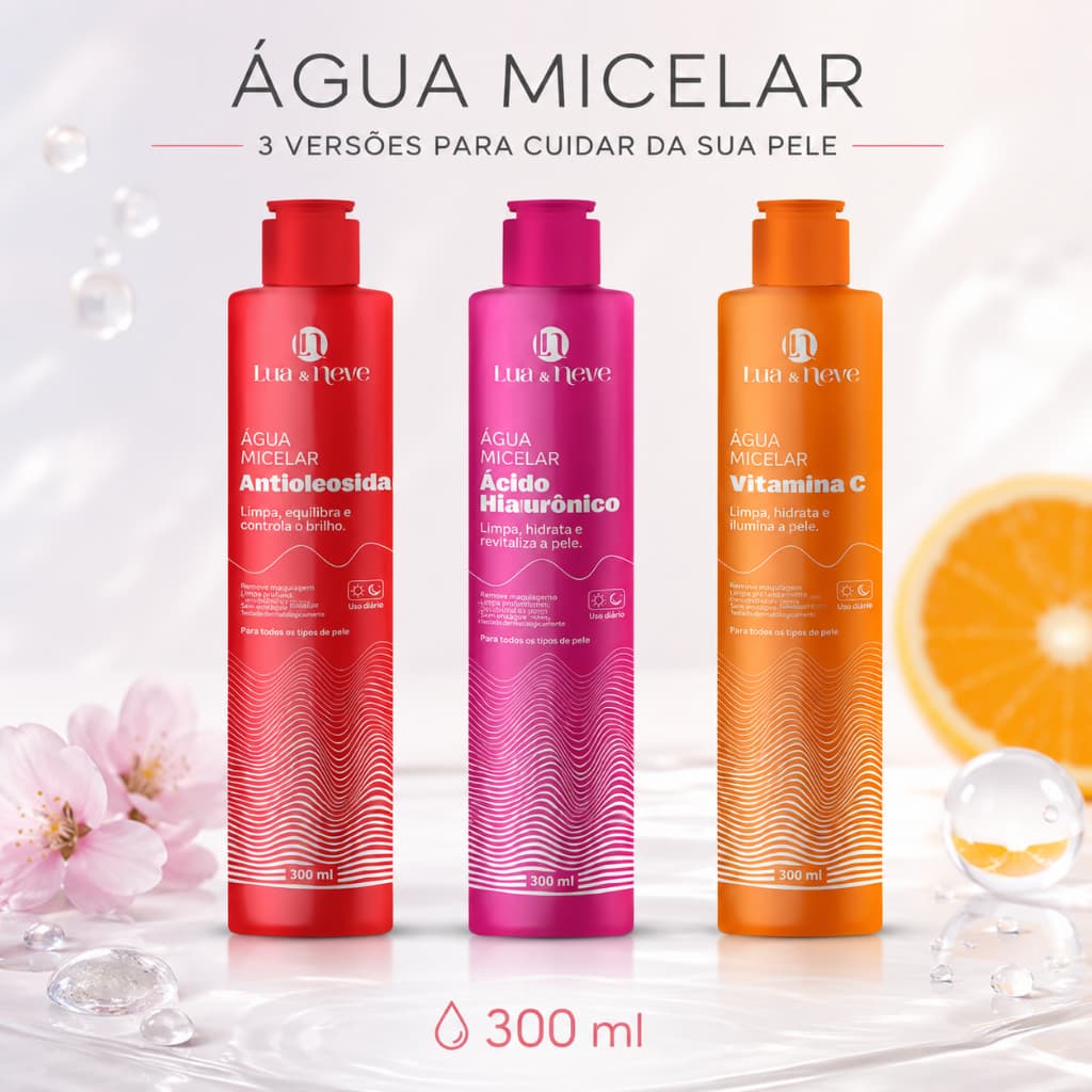 Água Micelar 300ml Demaquilante Limpeza Facial Antoleosidade Ácido Hialurônico ou Vitamina C Lua&Neve