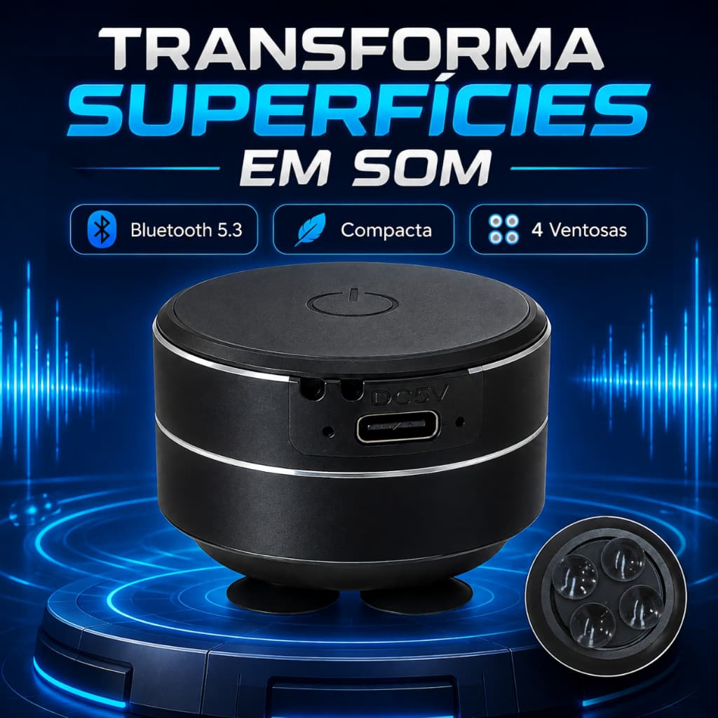 Caixa de Som por Ressonância Bluetooth 5.3 Mini Portátil 3W com 4 Ventosas TWS e Carregamento USB Type-C