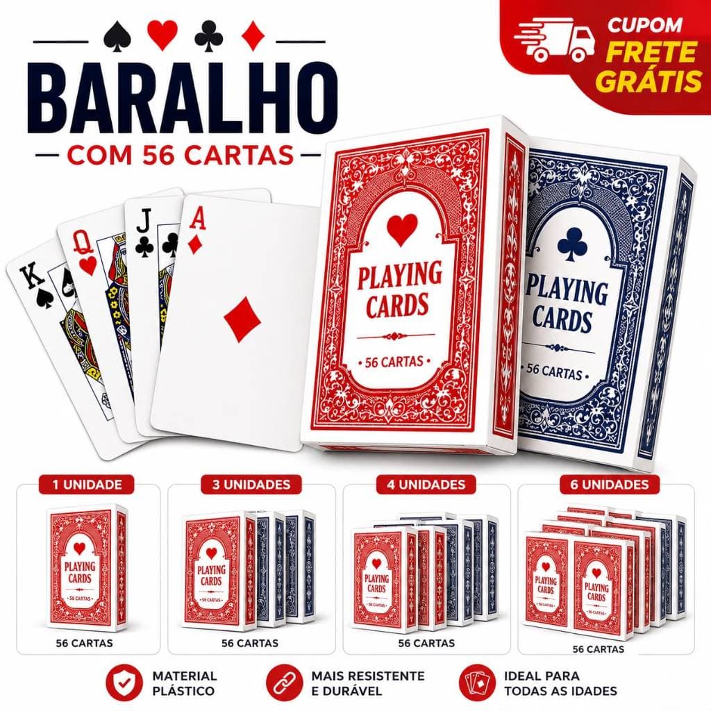 Baralho 56 Cartas de Papel Resistente Alta Qualidade para Truco Poker Buraco e Jogos de Cartas