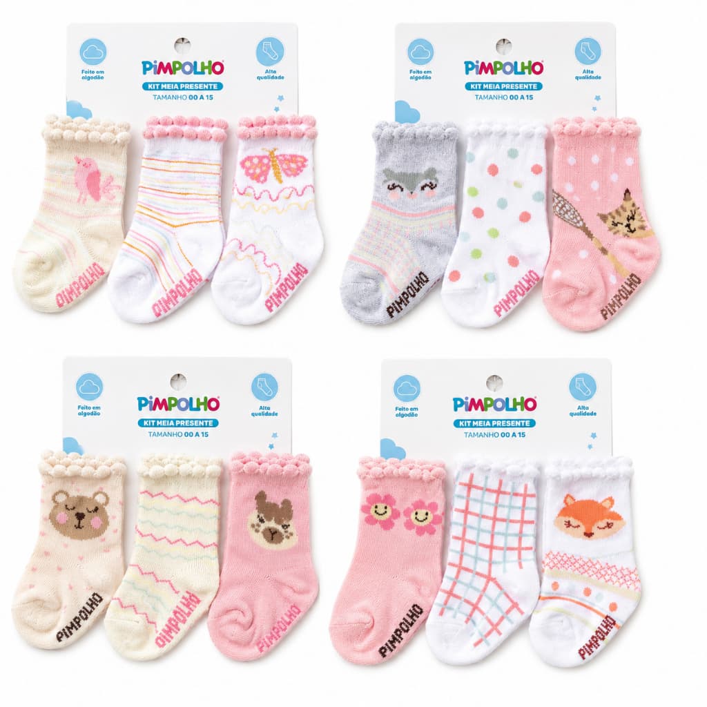 Kit Meia Bebê Menina Pimpolho 3 Pares Algodão Tamanho 00 ao 15