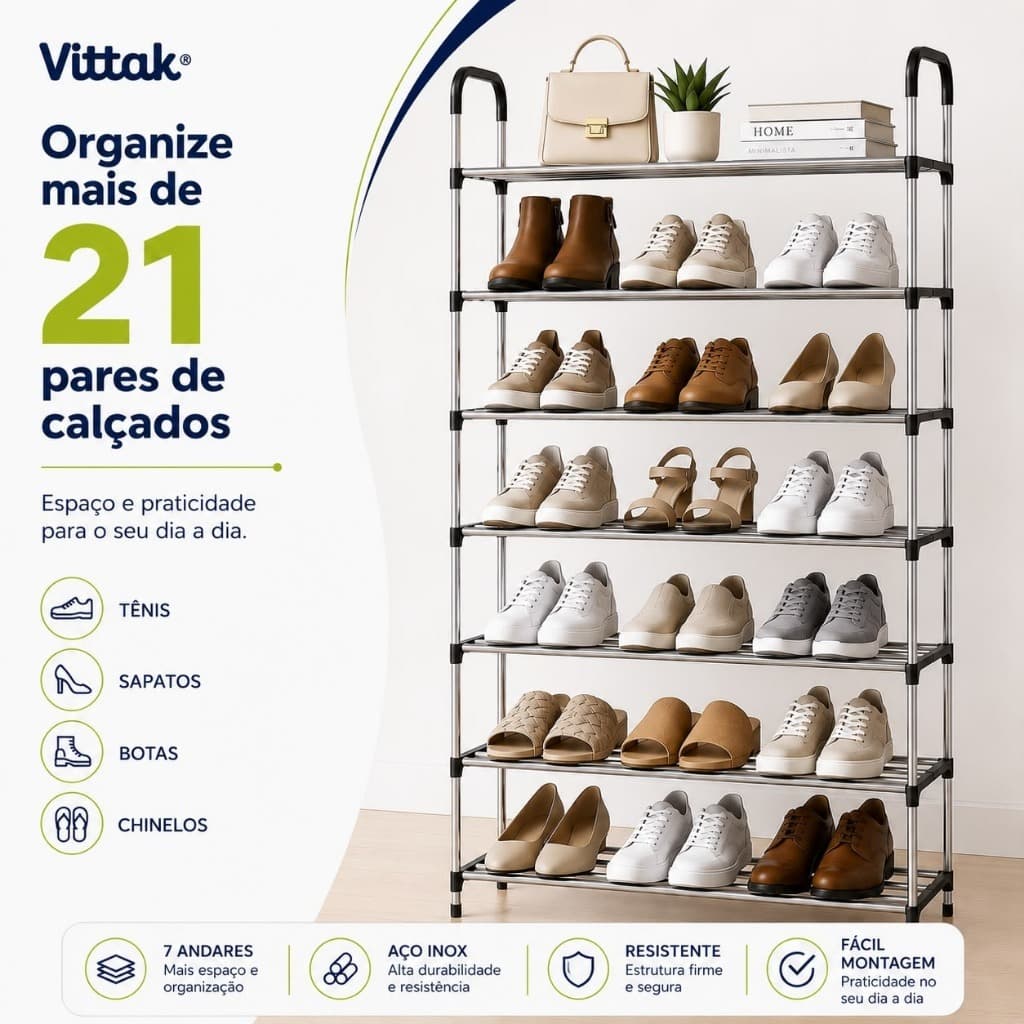 Sapateira Vertical Premium com 7 Prateleiras em Aço Inox – Organizador para 21 Pares de Sapatos