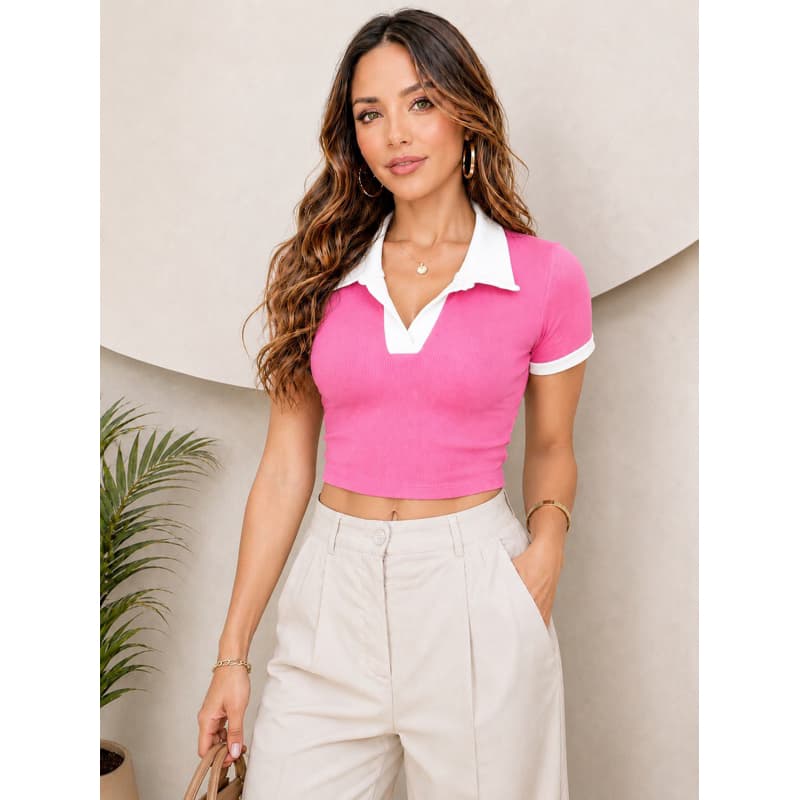 Cropped Feminino Gola Polo Canelado Manga Curta Bicolor com Gola Branca Tamanho Único 36 ao 42