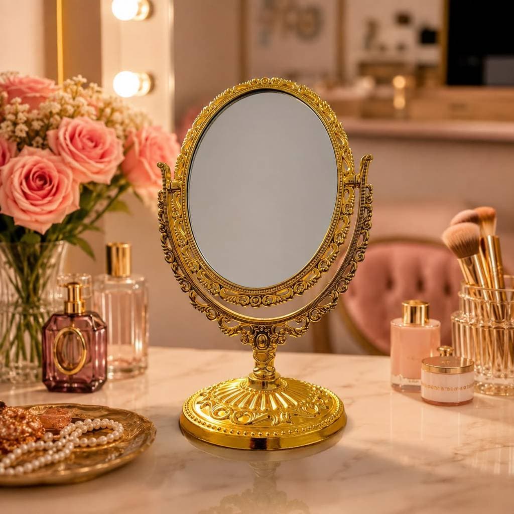 Espelho De Mesa Princesa Maquiagem Dupla Face Zoom Dourado Oval 20 cm