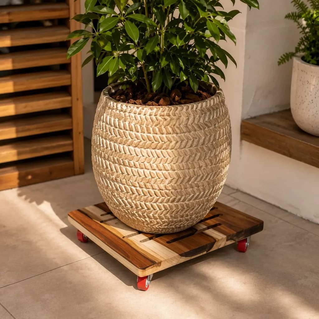 Suporte Para Vaso Com Rodinhas Giratórias Madeira Teca 30cm