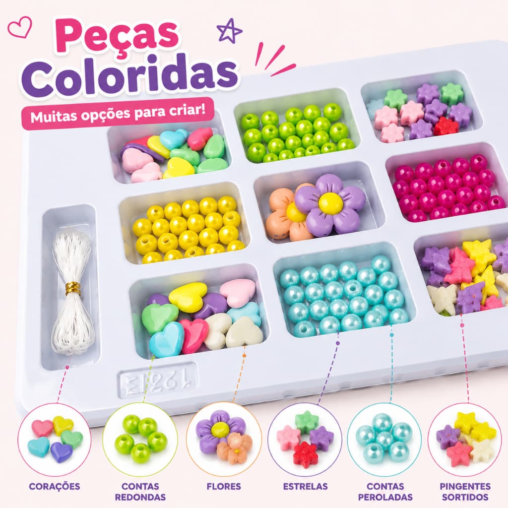 Kit Miçangas Infantil Menina Fazer Pulseira Colar Joia Anel Brinquedo Criativo