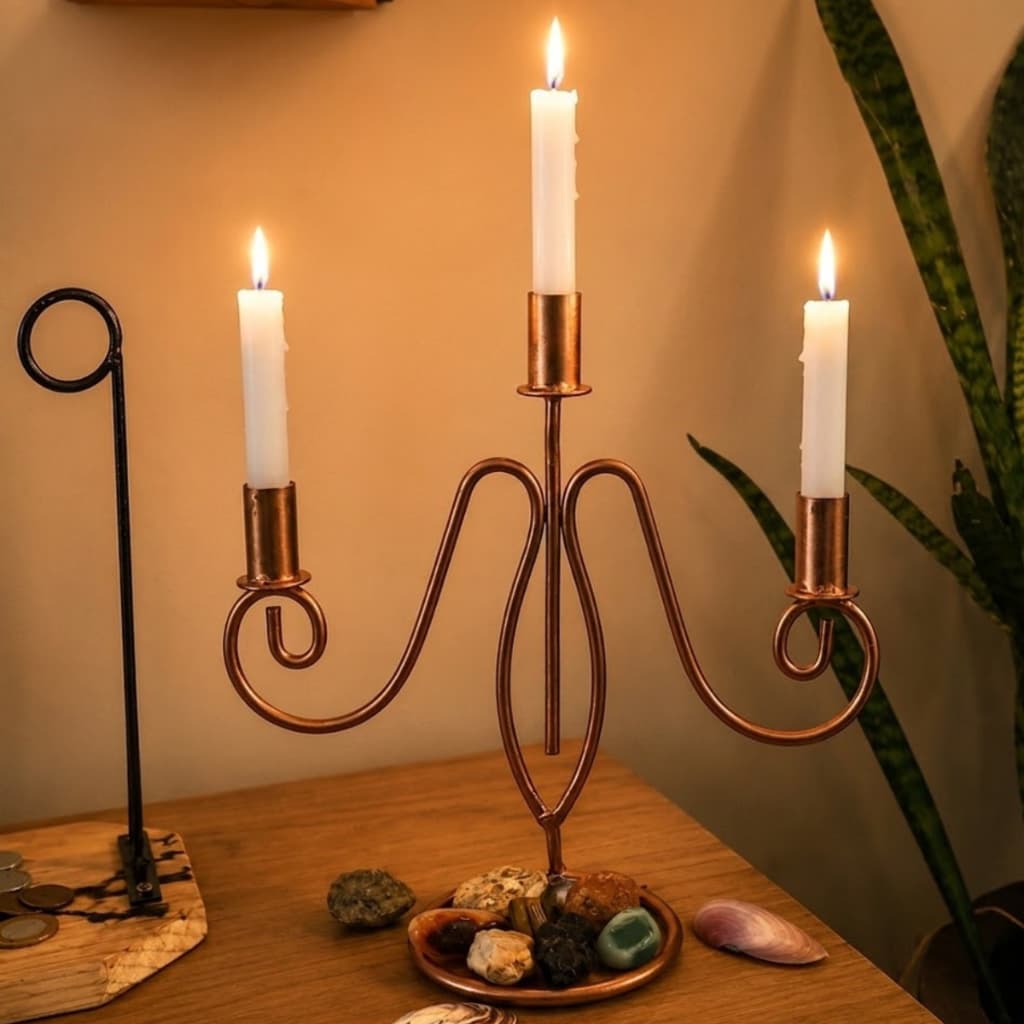 Candelabro Triplo Artesanal Bronze Vintage | Castiçal Decorativo Mesa Ferro Forjado Luxo Witzsmith