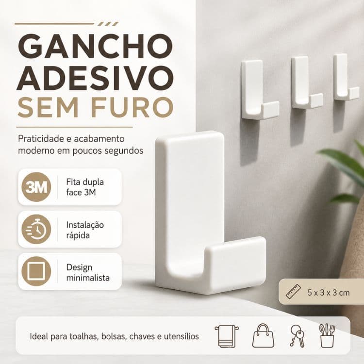 Gancho Cabide de Parede com Fita Dupla Face 3M para Toalhas, Chaves e Roupas