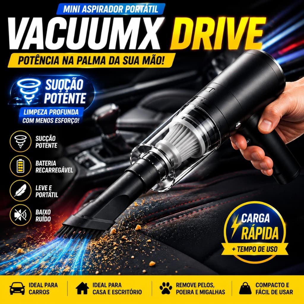 Mini Aspirador Automotivo Portátil Sem Fio Recarregável VacuumX Drive™ Potente para Carro