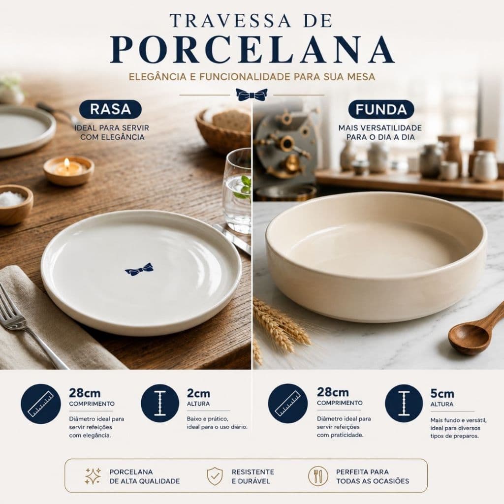 Travessa Tijela Porcelana 28cm Redonda Assadeira Refratária Forno Prato Fundo Servir Lasanha Bolo