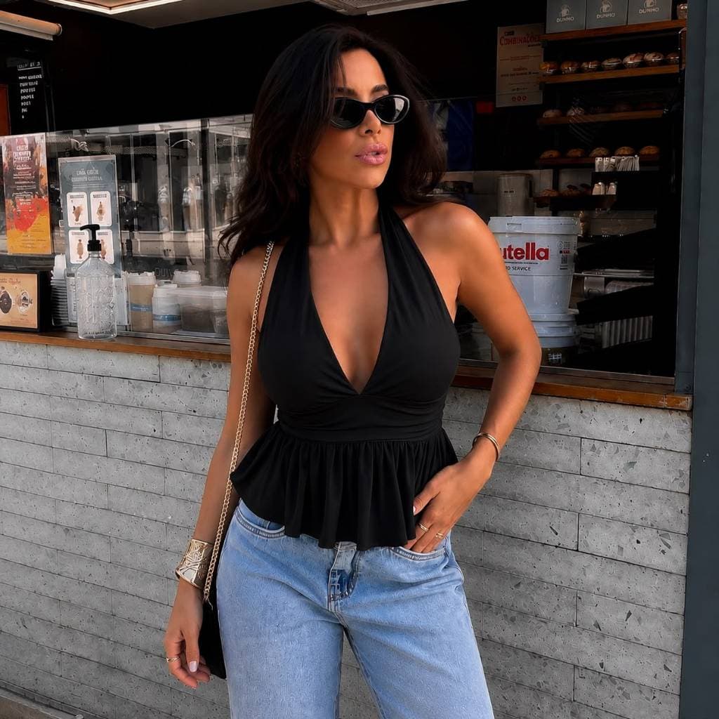 Bata blusa Feminina Decote V Alcinha Verão Elegante Casual Soltinha Moda Praia Chique