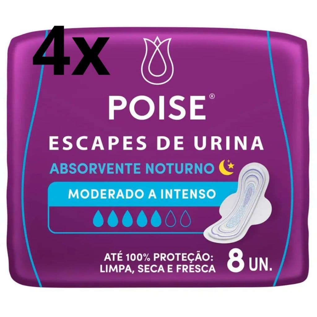 Kit 4 pacotes Absorvente para Escapes de Urina Poise Noturno Absorção Moderada a Intensa 8 un cada pacote