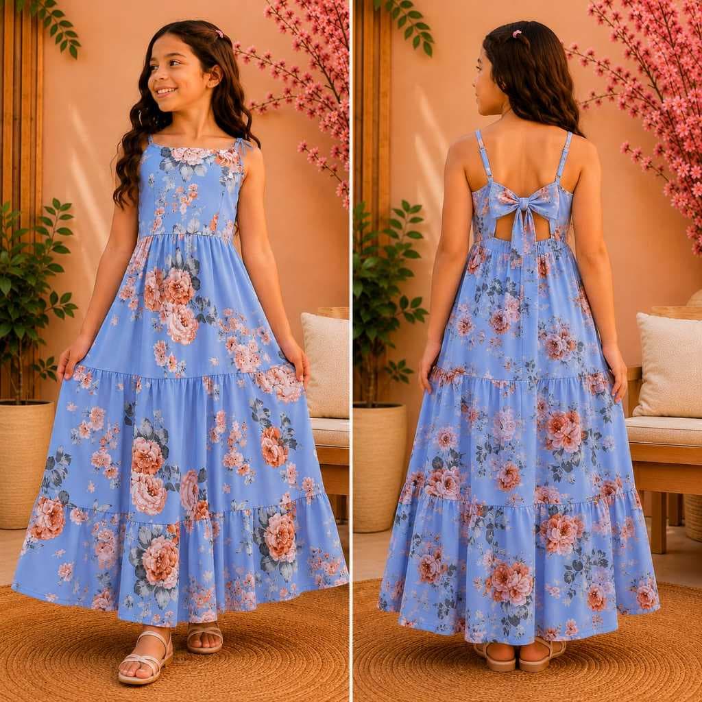 Vestido Infantil Longo Três Marias Estampado Premium Menina Juvenil Alça de Amarrar Lançamento 4 ao 16 Anos