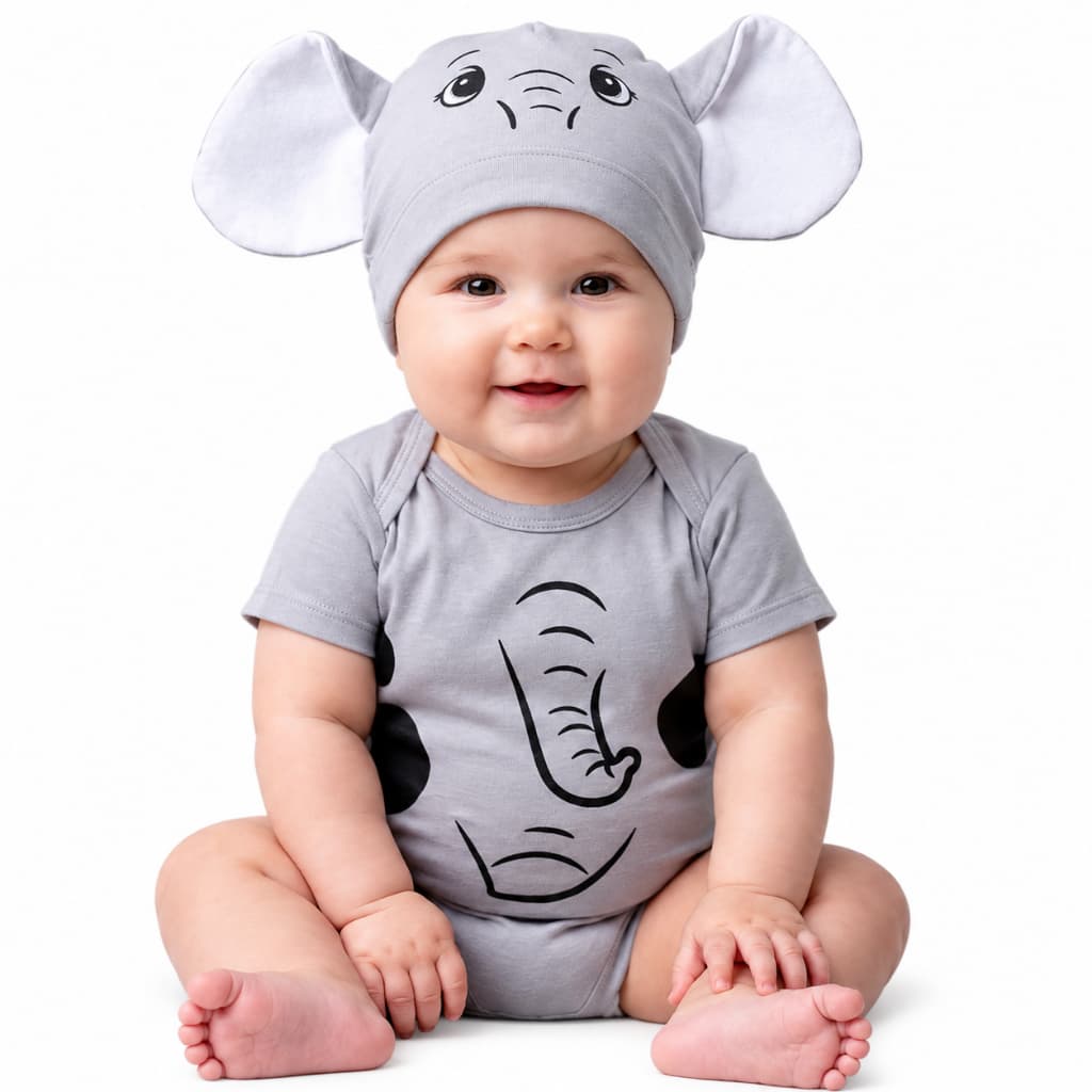 Body Bebe Para Mesversario temático de bichinhos - Bodie de Elefante Com touca