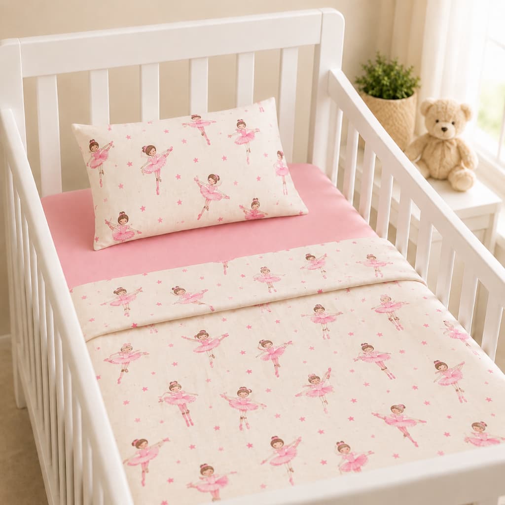Kit Jogo de Berço 3 Peças Baby Menina Padrão Americano Estampado Lençol Fronha e Sobre Lençol
