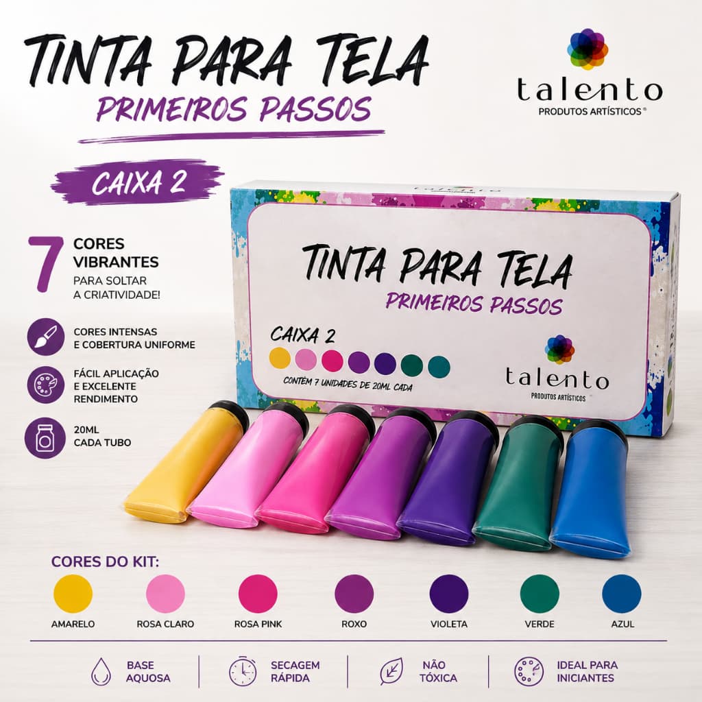 Kit Tinta para Tela Talento Primeiros Passos Caixa 2 – 7 Cores 20ml