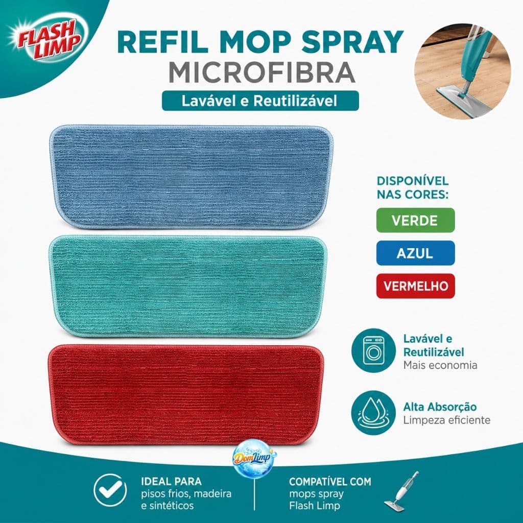 Refil Mop Spray Microfibra Flash Limp Lavável Verde Azul ou Vermelho para Reposição