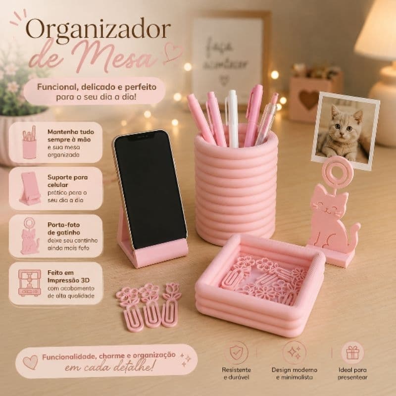KIT ORGANIZADOR DE MESA / PORTA LÁPIS / PORTA CLIPS / SUPORTE CELULAR / PORTA FOTO / CLIPES