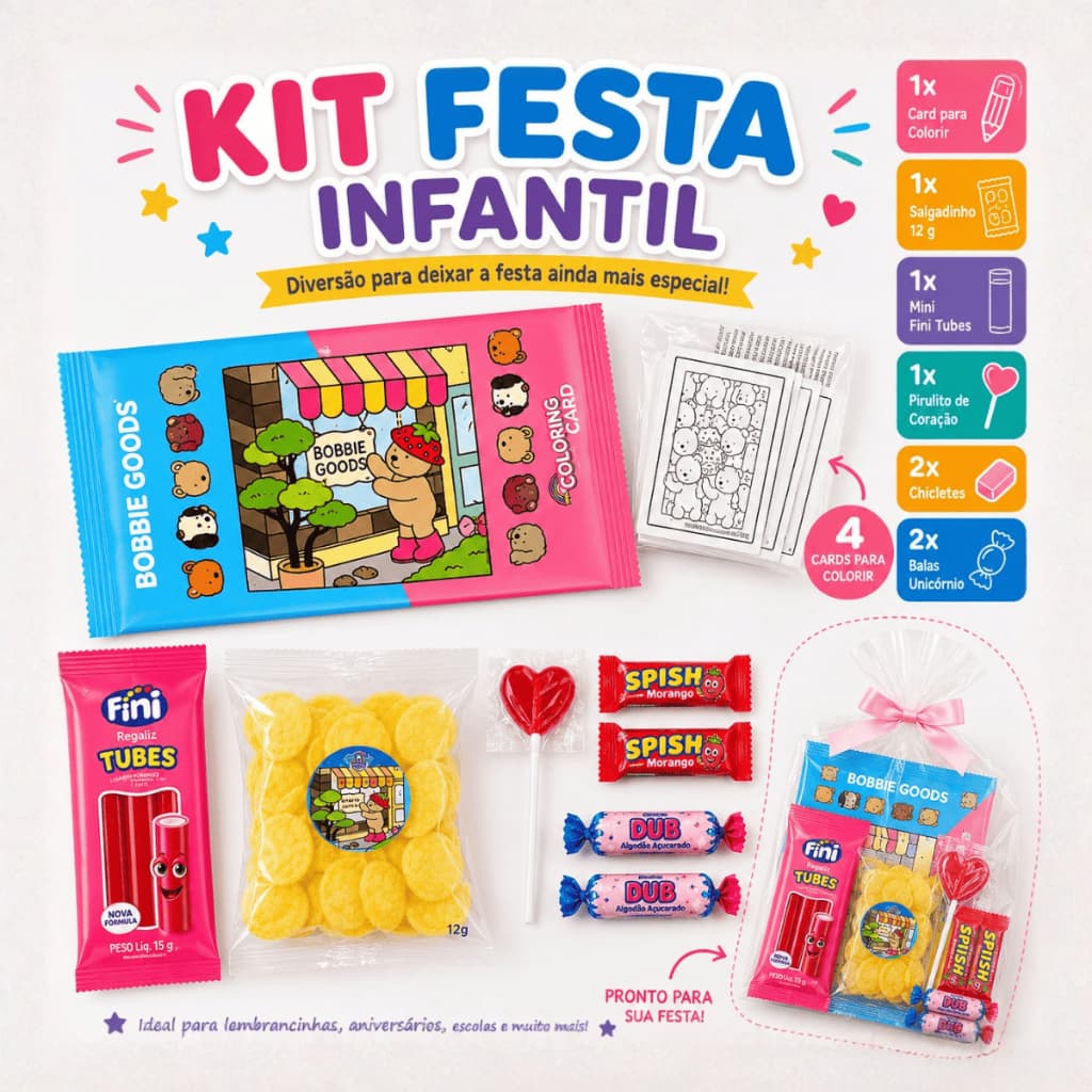 Kit Lembrancinhas Festa Infantil com Doces Card para Colorir Brinde Dia das Crianças Aniversário Bala Pirulito Saquinhos