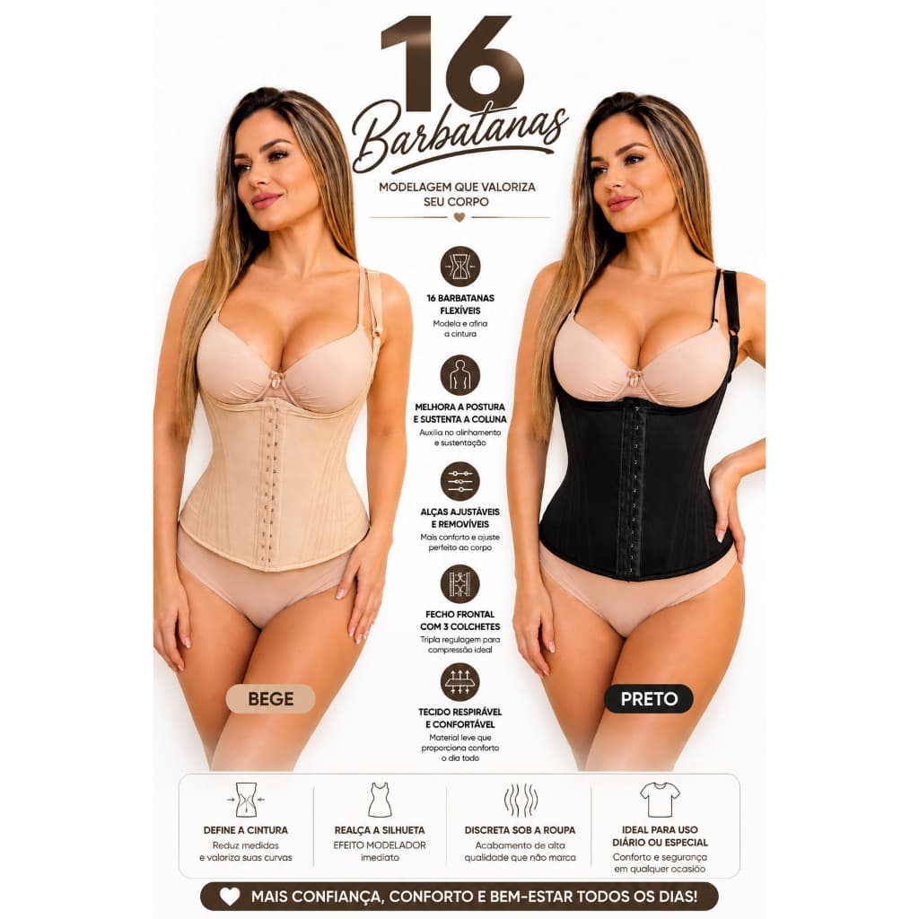 Cinta Modeladora 16 Barbatanas Princesa Catarina Corselete Modela Cintura Corrige Postura