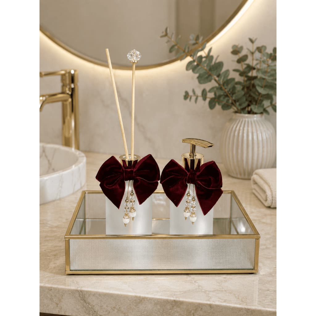 Kit Lavabo Luxo Vidro 6 Peças Difusor Saboneteira Kit Banheiro Aromatizador e Porta Sabonete Liquido Vidro Fosco Laço