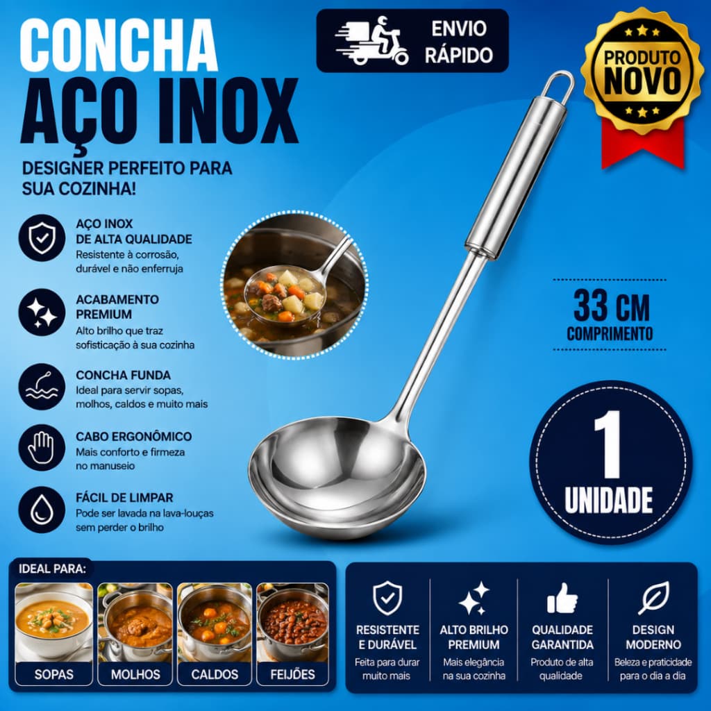 1 Unidade de Concha 33cm  Aço Inox de Alta Qualidade Designer Perfeito Para Sua Cozinha