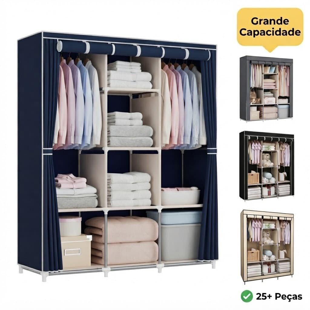 Guarda-roupa Dobrável Grande de Tecido com Capa Protetora Organizador para Quarto com Prateleiras e Cabideiro