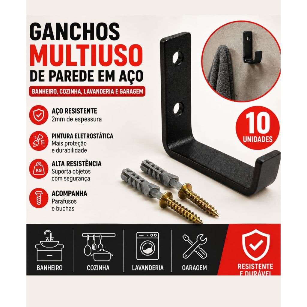 Kit10 Ganchos Multiuso de Parede em Aço – Banheiro, Cozinha, Lavanderia e Garagem