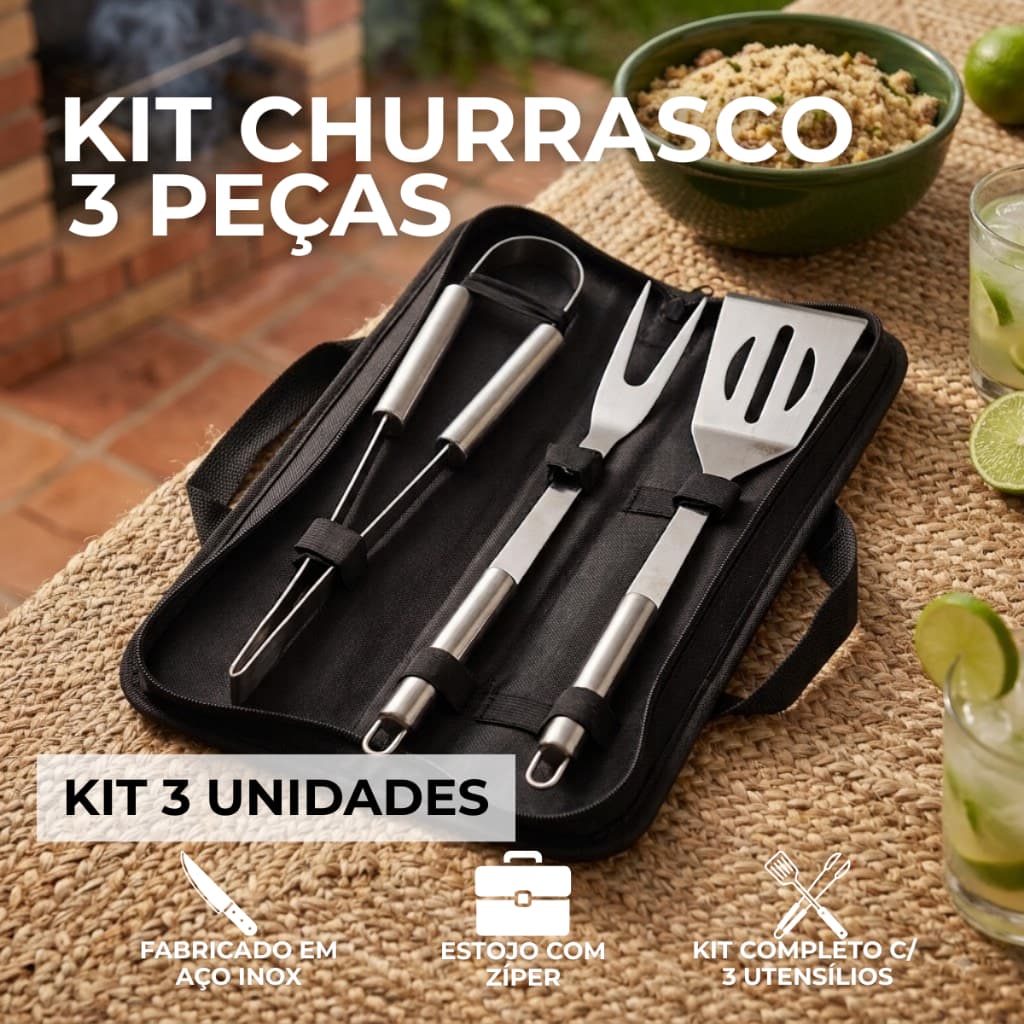 Kit Churrasco 3 Peças Aço Inox com Estojo Organizador Combo 3 Unidades 9 Peças