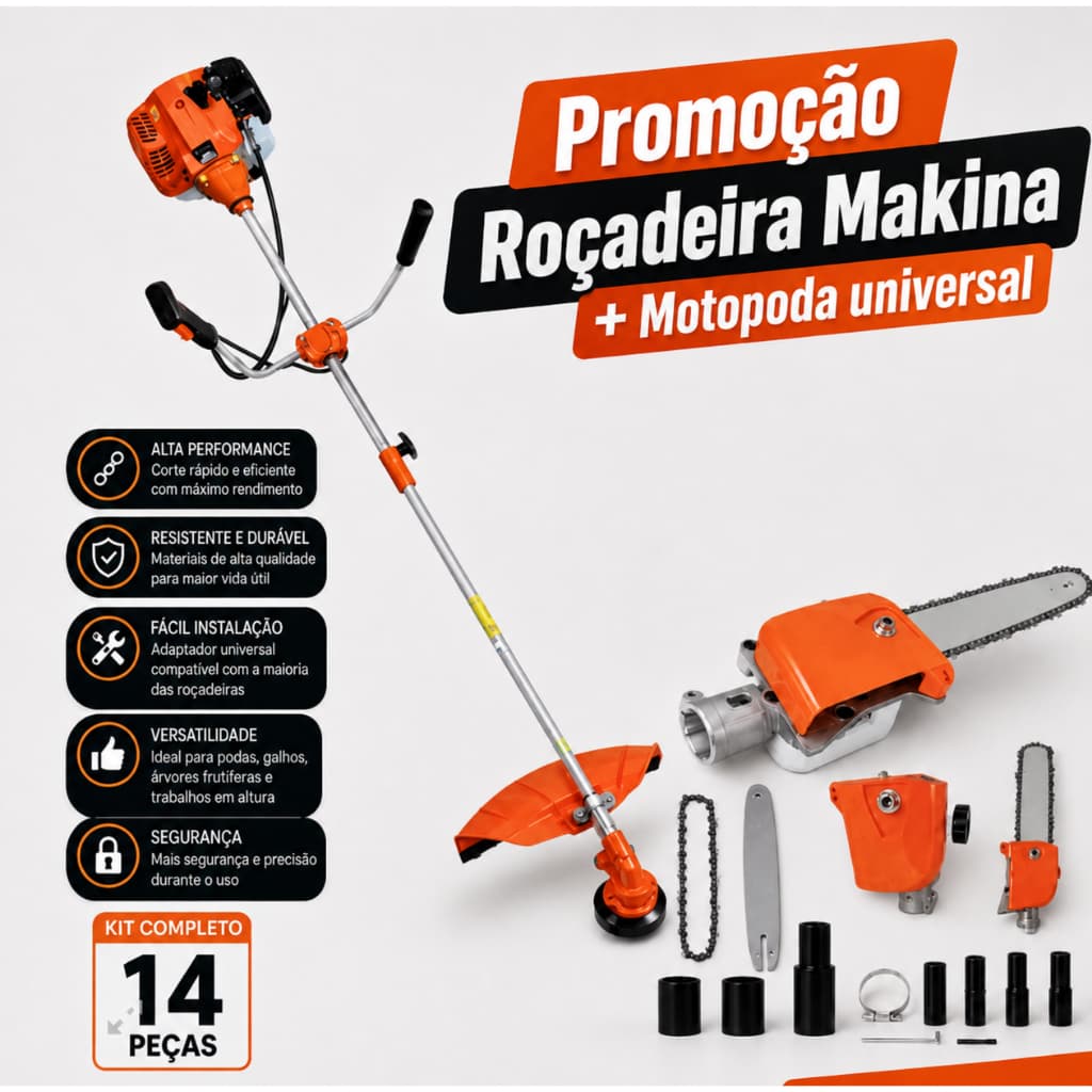 Roçadeira Completa MAKINA 80 CC + Motopoda + Acessórios Profissional
