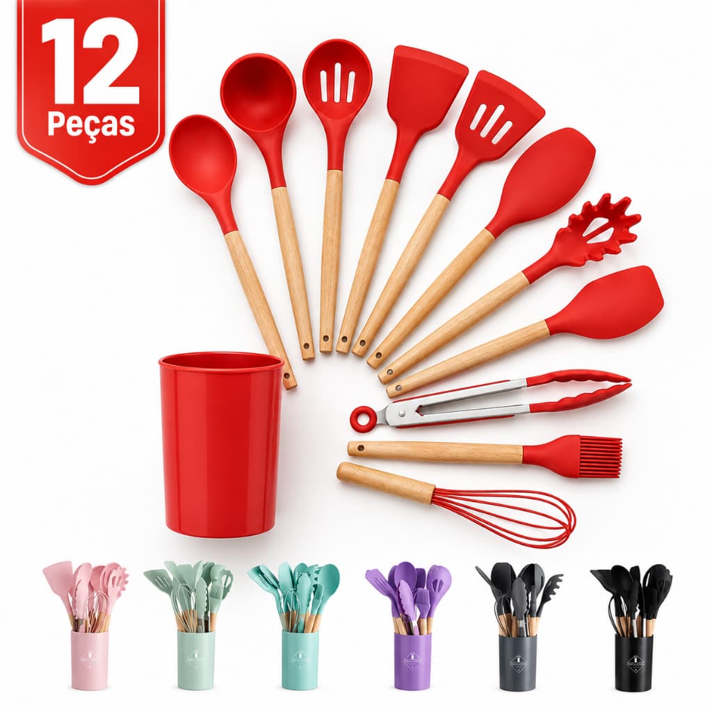 MINI Kit Utensílios de Cozinha Silicone 12 Peças Jogo Completo Antiaderente Cabo de Madeira com Suporte MINI