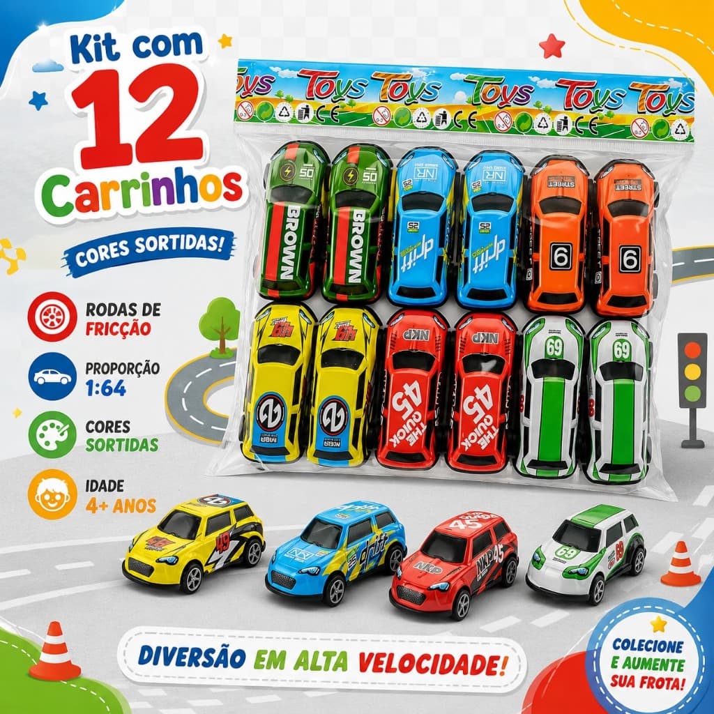 Kit 12 Carrinhos de Metal 1:64 Infantil Escala Sortidos Miniaturas de Carro Colecionável