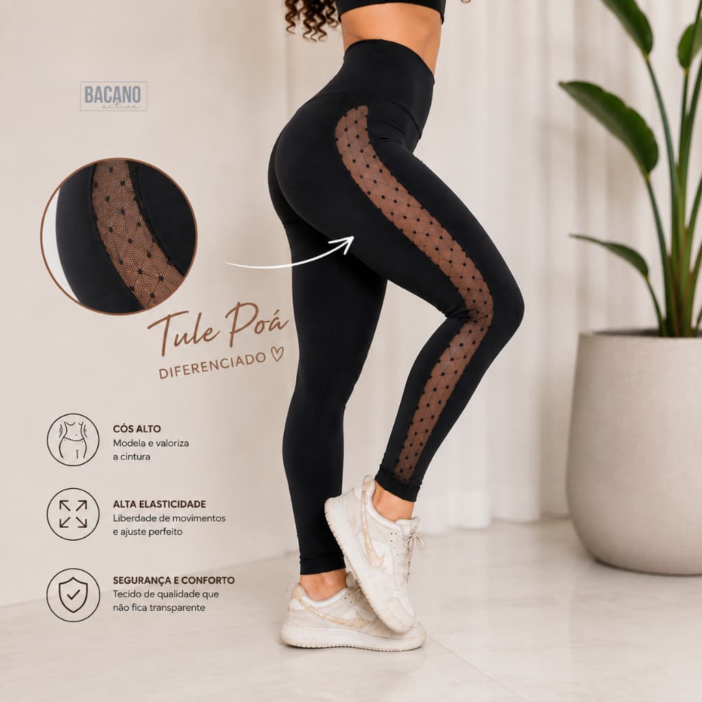 Calça Legging Feminina Cintura Alta com Listras de Tule Premiun e Bolinhas Fitness
