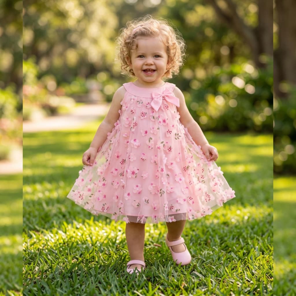 Vestido Rosa Infantil Menina Tulê Floral Verão Feminino look casual feminina criança tamanho 2 roupa blogueirinha chique