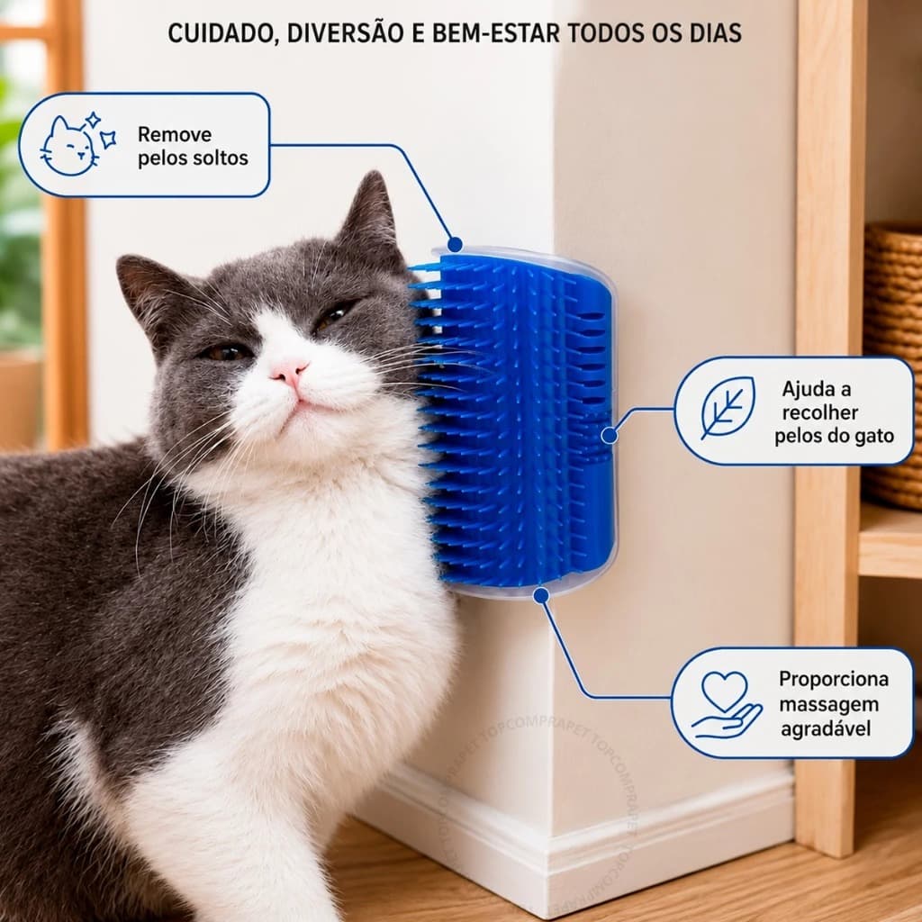 Escova Massageadora Tira Pelos Para Gatos Coçadeira De Canto Com Erva Do Gato Pet Azul