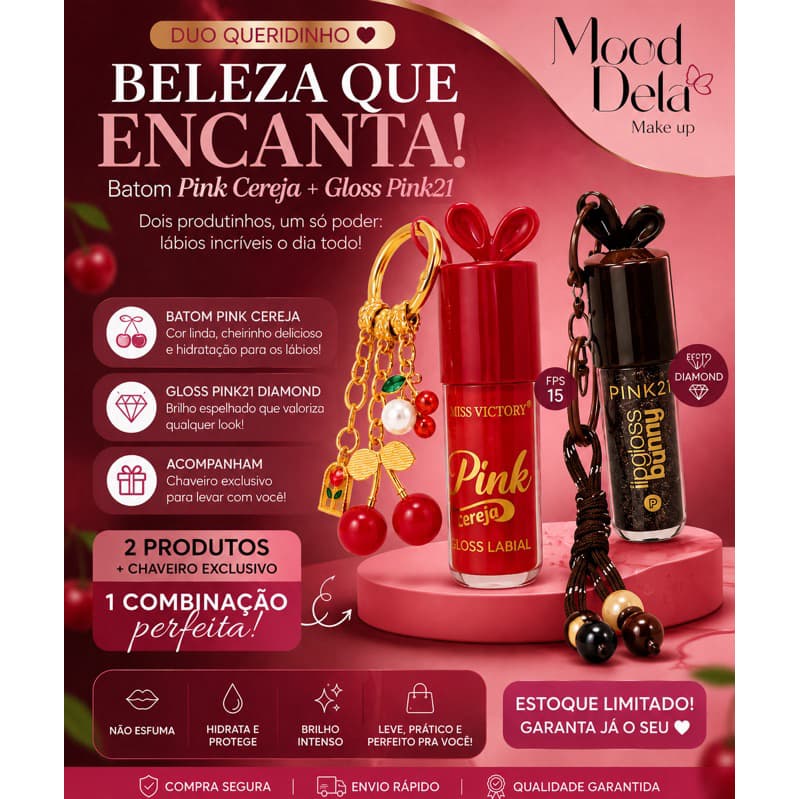 Gloss Labial Pink Cereja + Gloss Pink21 Bunny com Chaveiro | Kit Duo para Lábios
