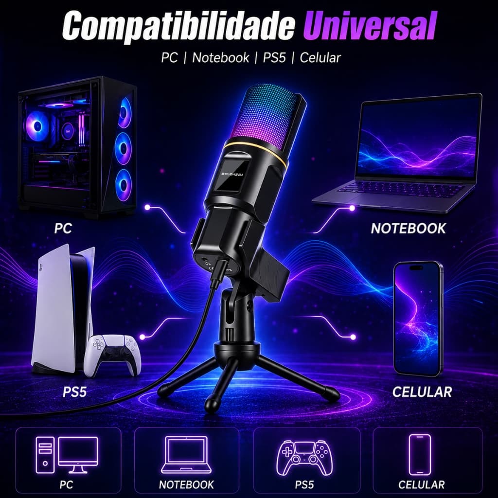 STARMEGA FS-S6  Games Microfone Condensador USB  com Tripé de Mesa RGB | Compatível PC, Notebook, PS5 e Celular