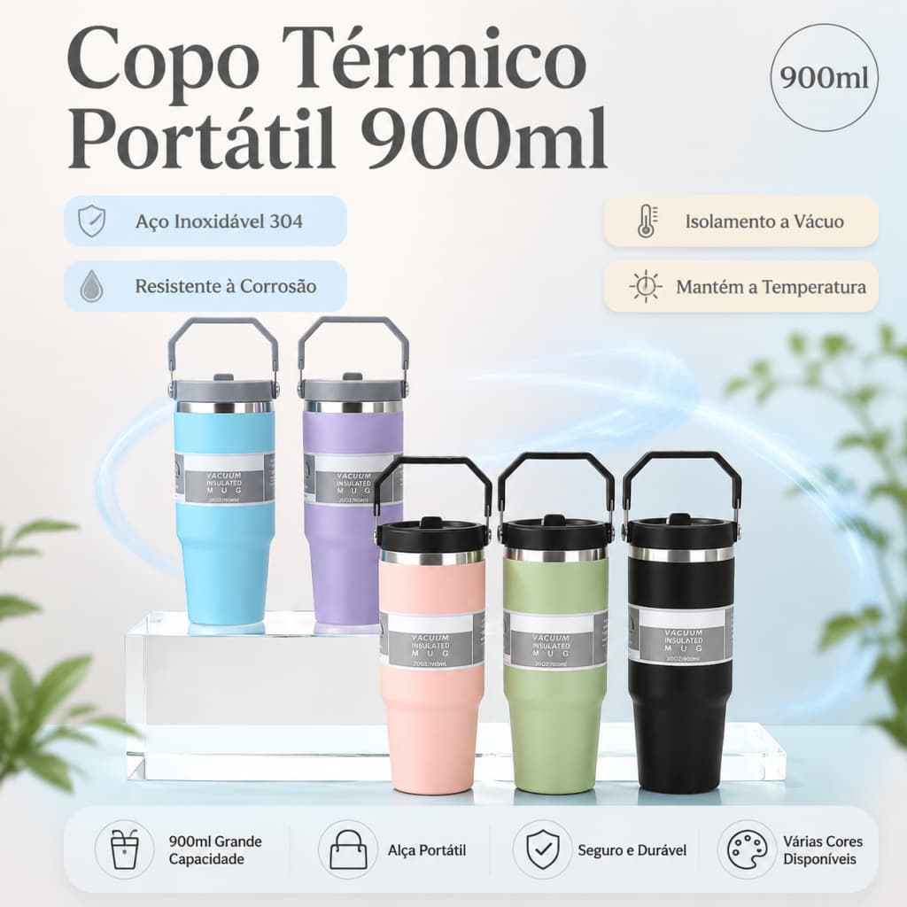 Copo Térmico Aço Inoxcom canudo Portátil.parede dupla a vácuo quente e frio 900ml