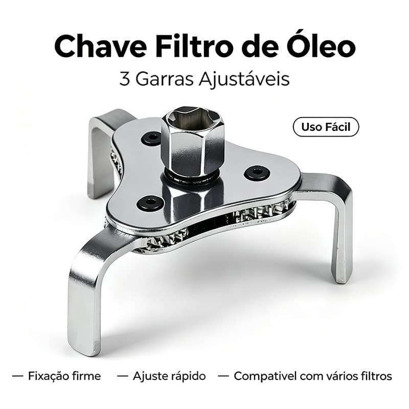 Chave Filtro de Óleo 3 Garras Ajustável, Ferramenta Universal para Troca de Filtro Automotivo, Abertura 50mm até 115mm
