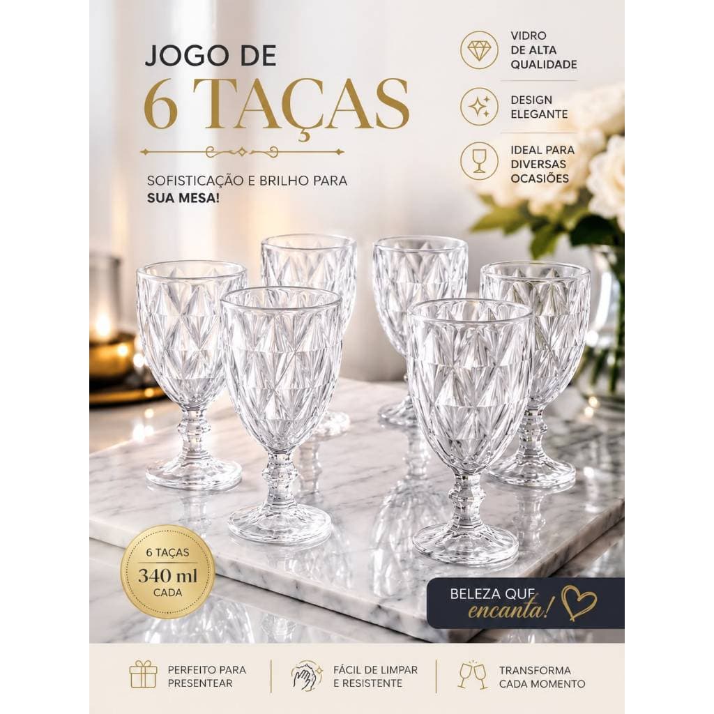 JOGO DE 6 TAÇAS DE VIDRO DIAMOND