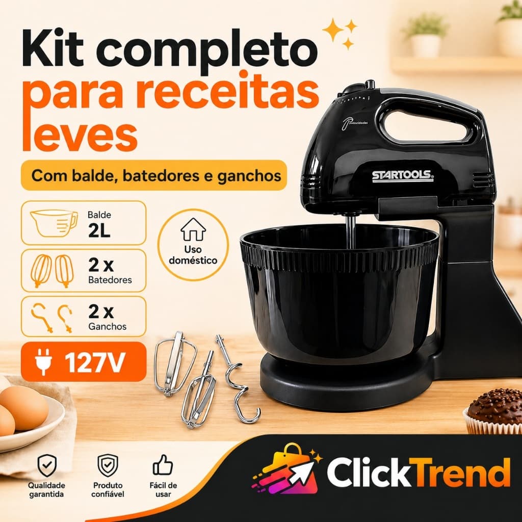 Batedeira Elétrica 127V 220V com Balde 2L 7 Velocidades Preta para Massas Leves Bolos Cremes Mousses