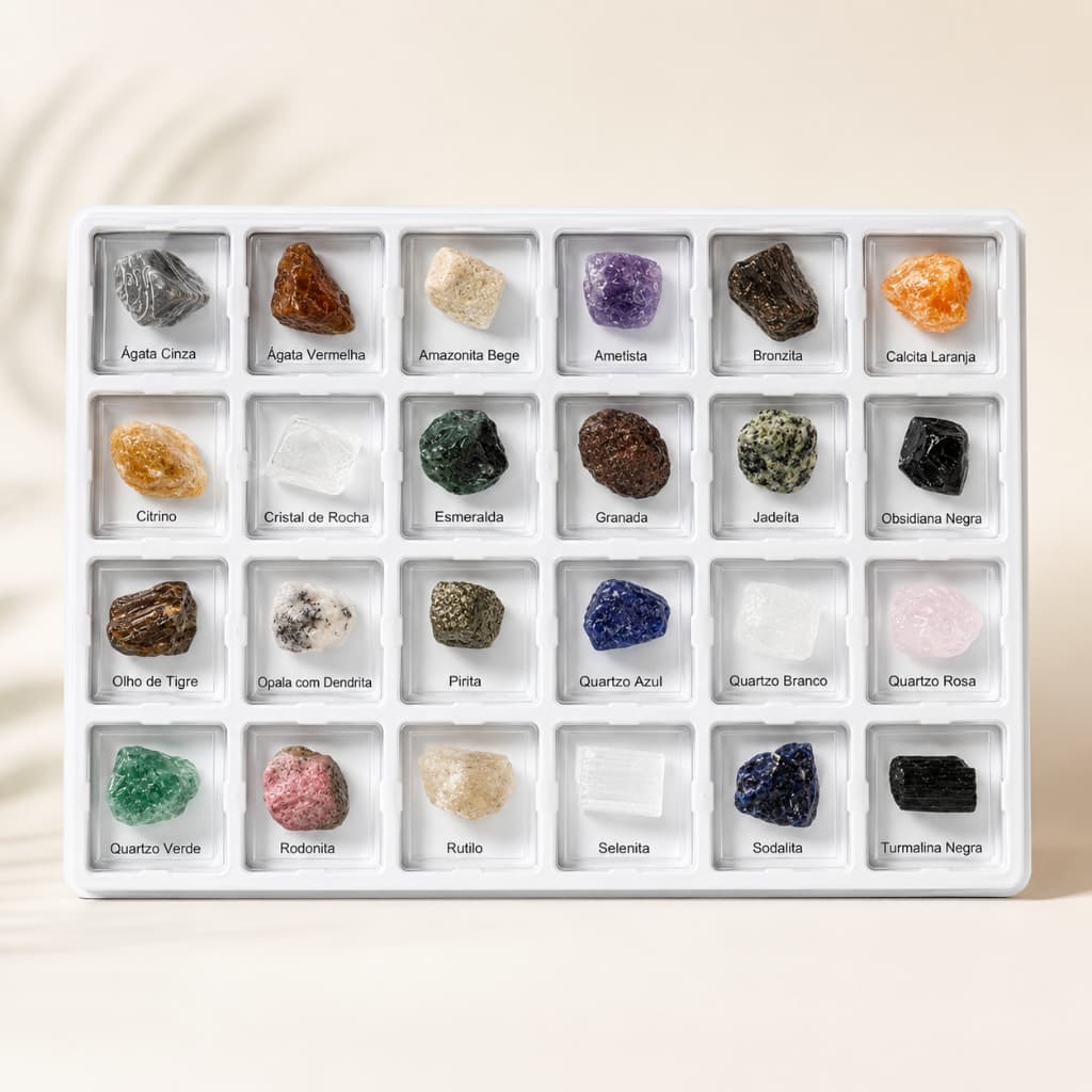 Kit Coleção 24 Pedras e Cristais Naturais Brutos com Base de Vidro Nomeadas Decoração Presente Escritórios