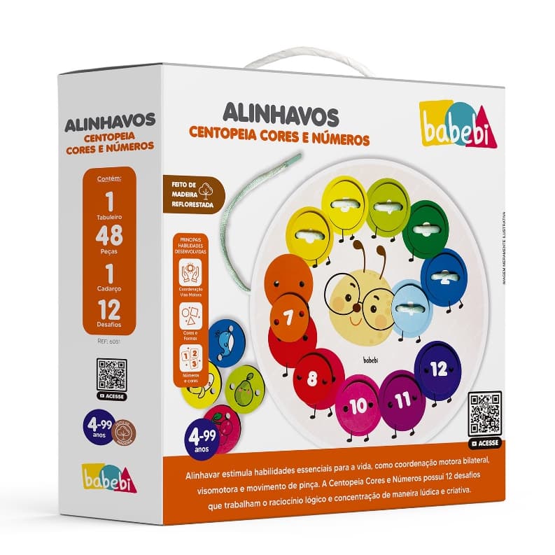 Brinquedo Pedagógico Alinhavo Coordenação Motora Concentração Montessori Cores Números 12 Desafios Centopéia