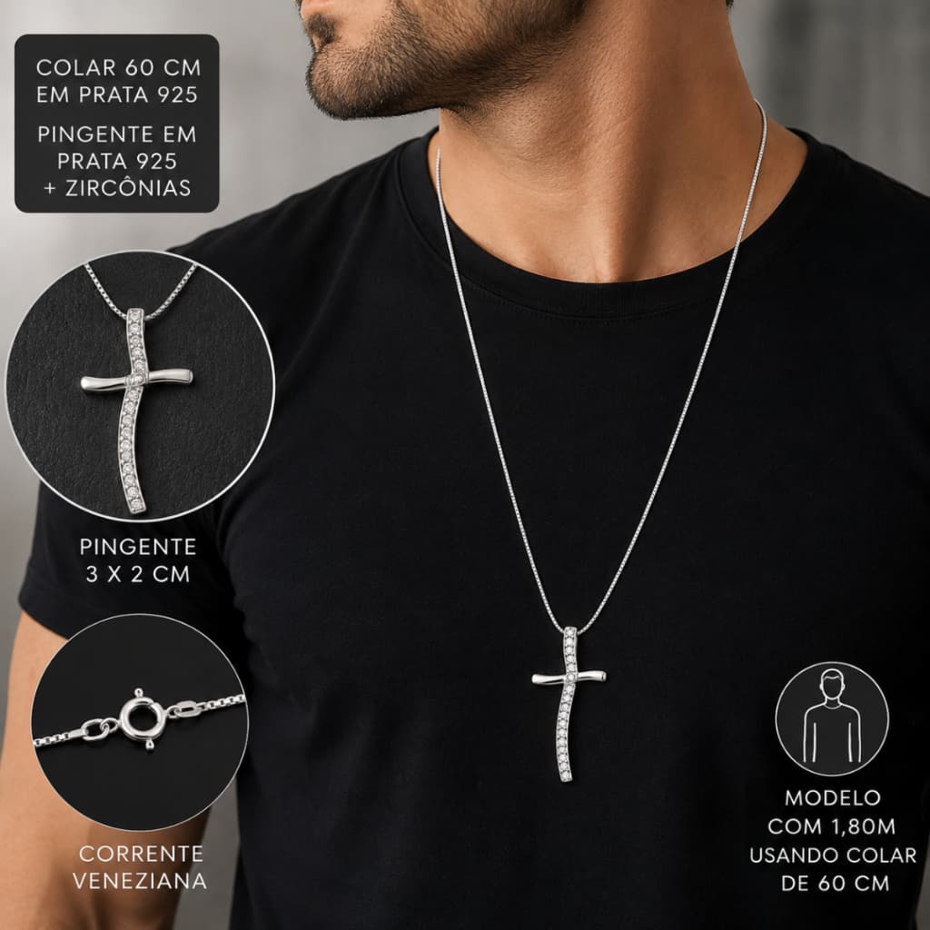 Corrente Masculina Prata 925 com pingente Crucifixo