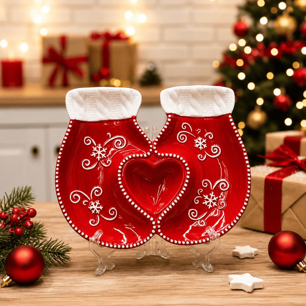 Travessa Petisqueira Natalina Formato Luvas de Natal Coração Porcelana Premium
