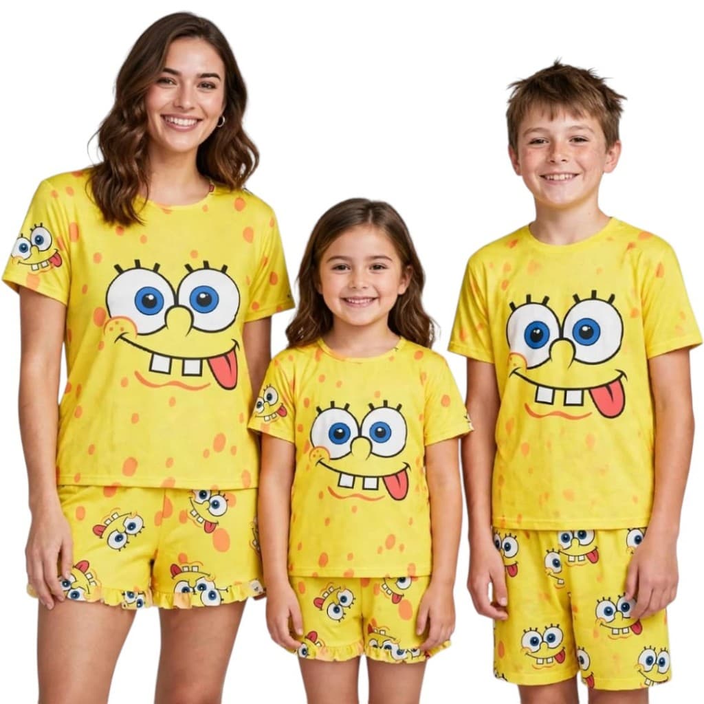 Kit 3 pijama familia verão bob esponja mãe e filho e filha baby doll conjunto blusa e shotrs personagens luxo