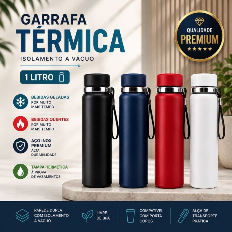 Garrafa Térmica Inox SUS 316 1000ml Parede Dupla a Vácuo com Alça 1L Quente Frio WU-241