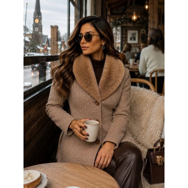Casaco Feminino de Lã Batida com Gola em Pelo Removível – Elegante e Sofisticado