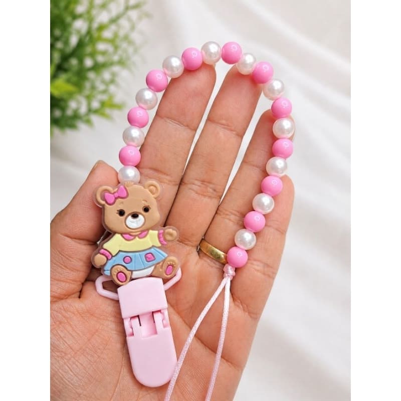 Prendedor de Chupeta Urso Luxo Menina | Acessório para Bebê
