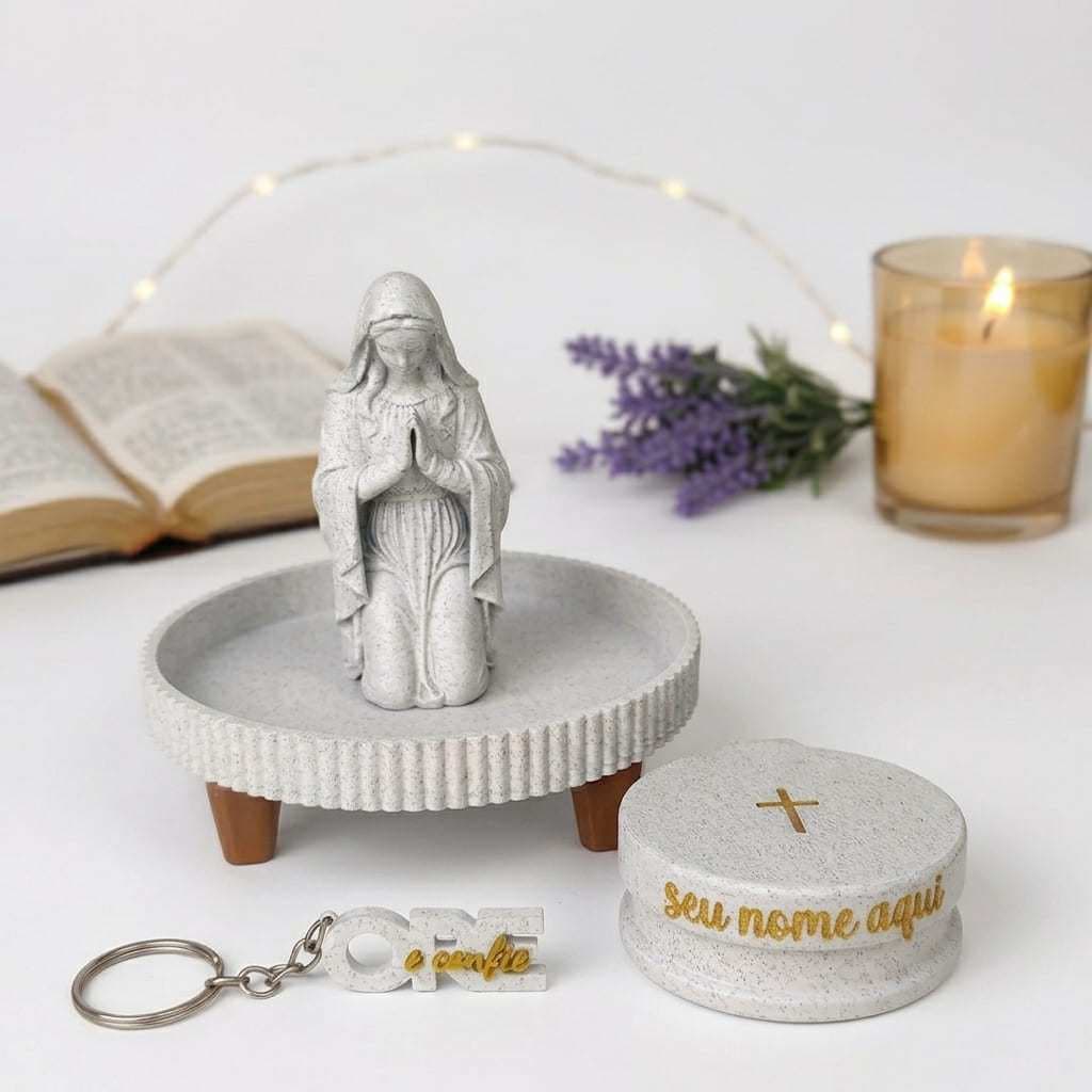 Kit Religioso Porta Terço Maria Mãe de Jesus + Porta Terço Bolso com Nome Personalizado + Chaveiro Ore e Confie