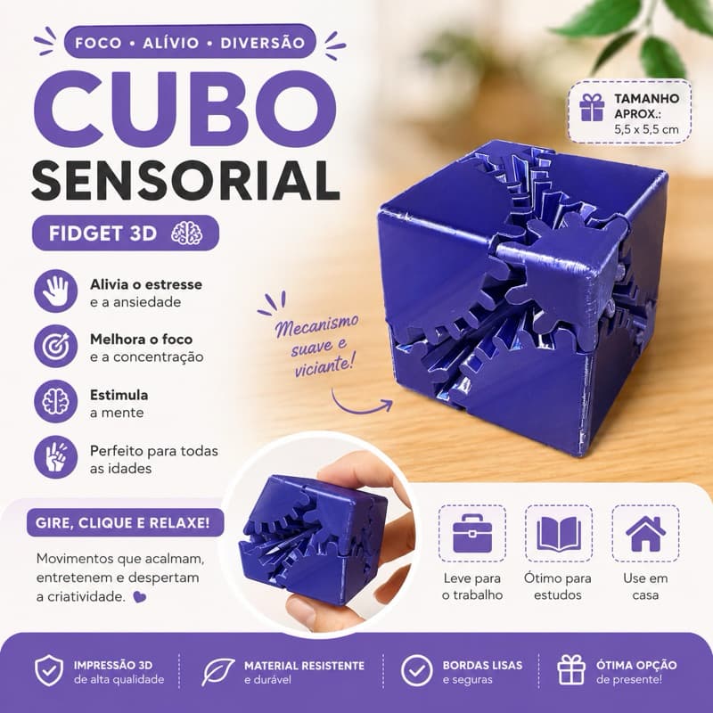 Cubo Sensorial Fidget 3D Antiestresse Brinquedo de Mesa Cubo de Engrenagens para Foco e Concentração